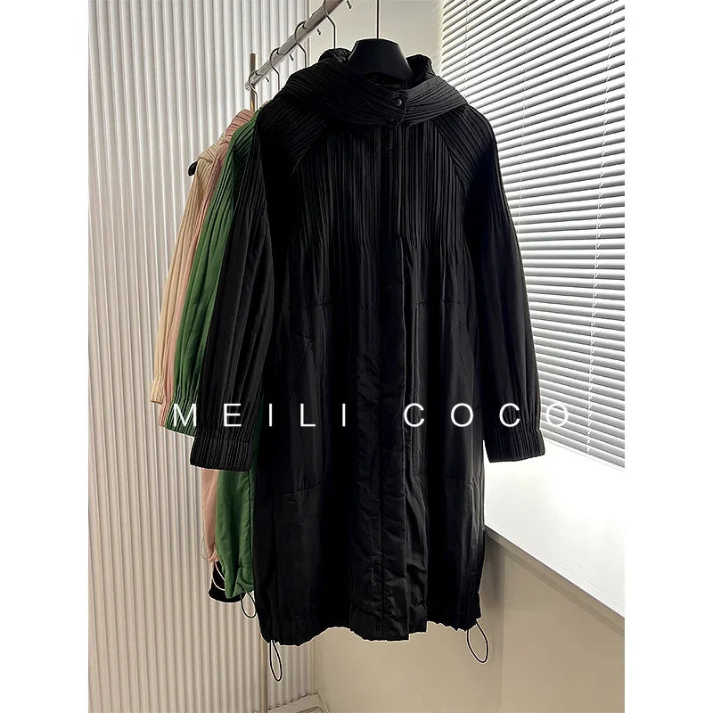 ALSEY Miyake Pleated Solid Collar Hooded Fashion Women's Jacket 2024 Autumn Winter New Long-sleeved Slim Lengthened Windbreaker