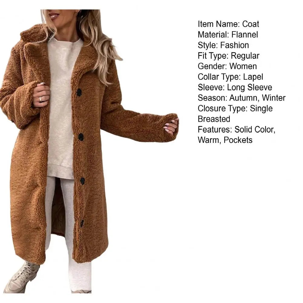 Trendy Women Overcoat Autumn Winter Women Trench Coat Long Style Pure Color Single-breasted Teddy Jacket Windproof