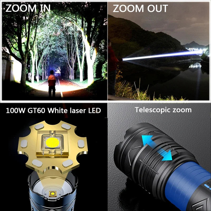 Linterna LED potente GT60 de 100 W, linterna táctica de largo alcance con pantalla de potencia, linterna con zoom recargable por USB para acampar al aire libre