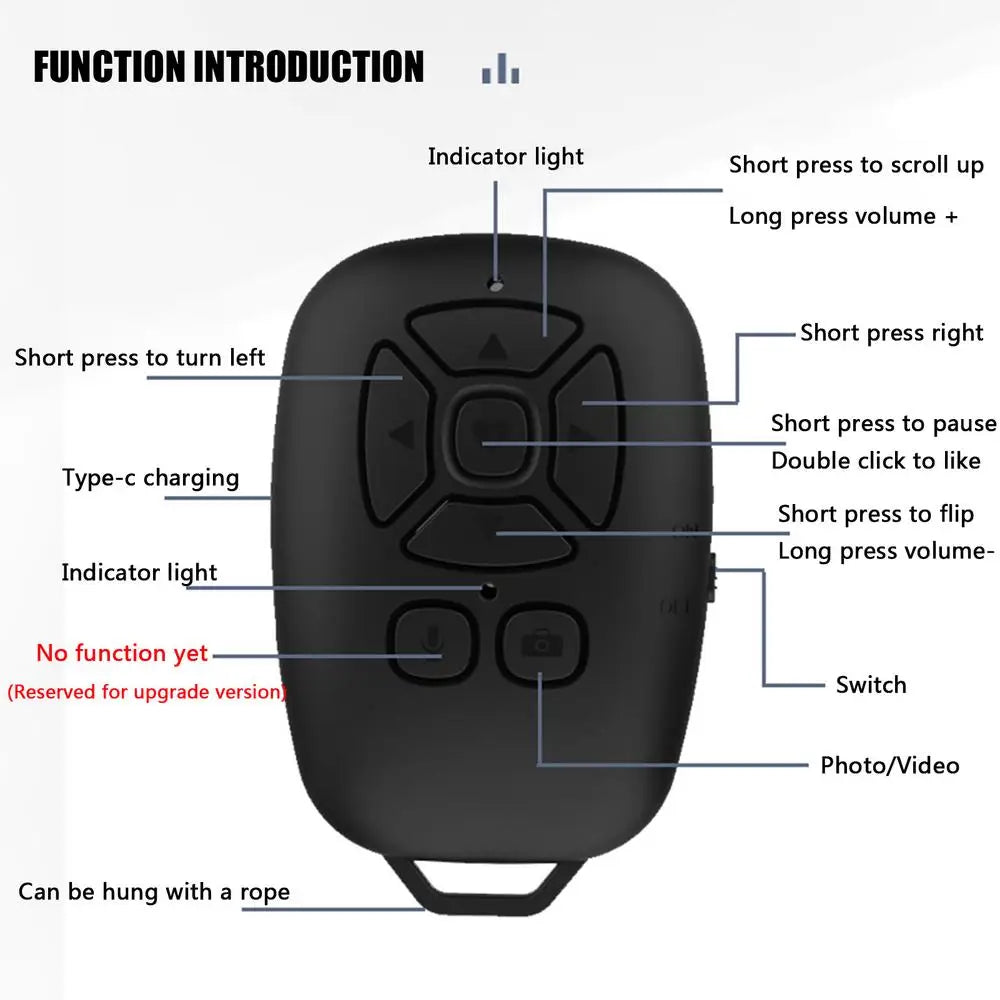 Control remoto inalámbrico para cámara de teléfono, botón de control remoto para teléfono móvil con Bluetooth, pulsador, pasador de página, control remoto recargable para Android IOS