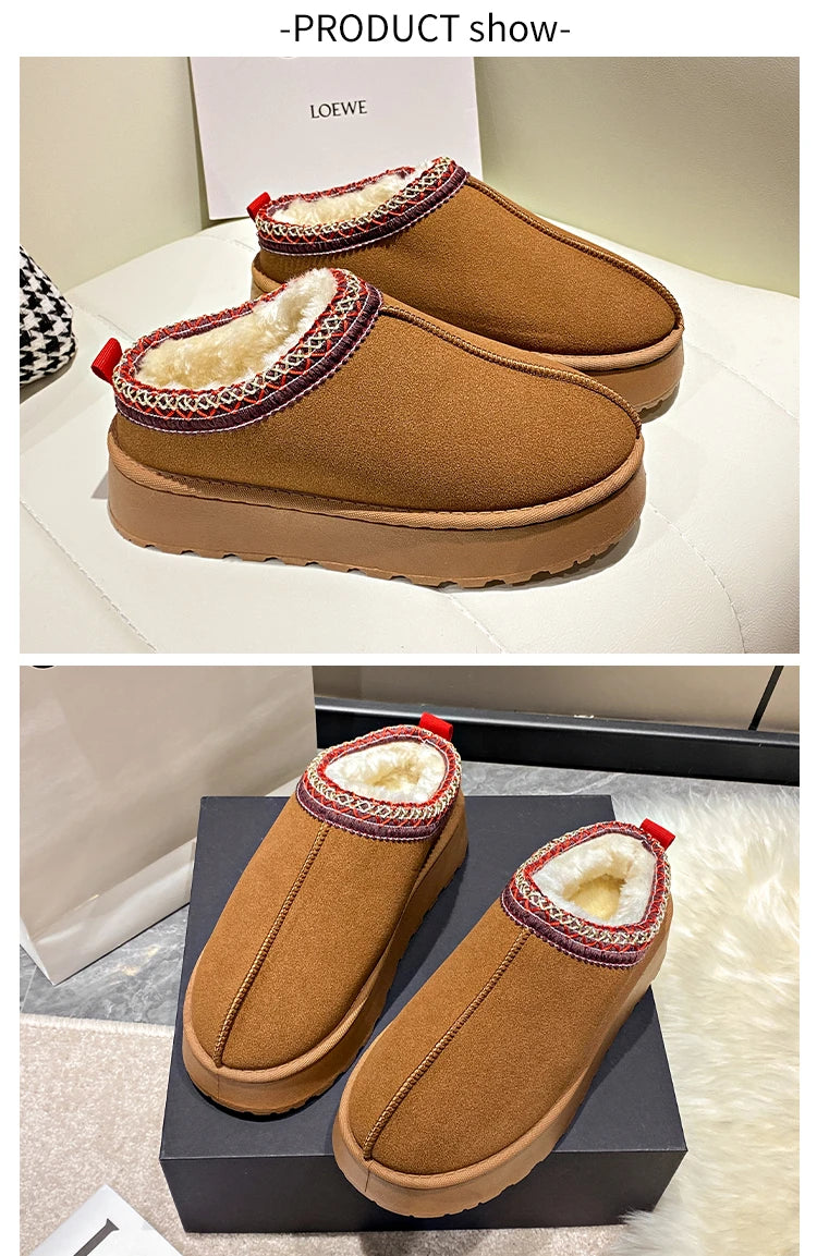 2024 Winter New Snow Boots for Women Cashmere Warm Thick Soles Without Heel-covered Hair Half Slipper Cotton Shoes for Women