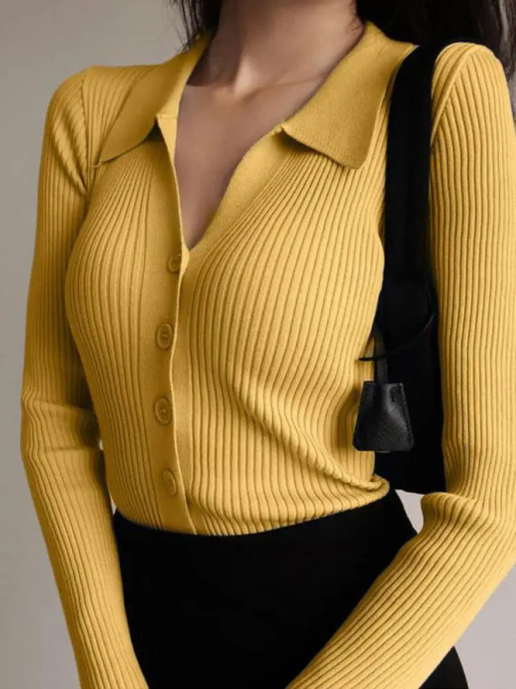 AOSSVIAO 2024 Ladies Buttons Sexy V Neck Long Sleeve POLO Neck Knit Cardigan Sweater Women Lapel Slim Tops