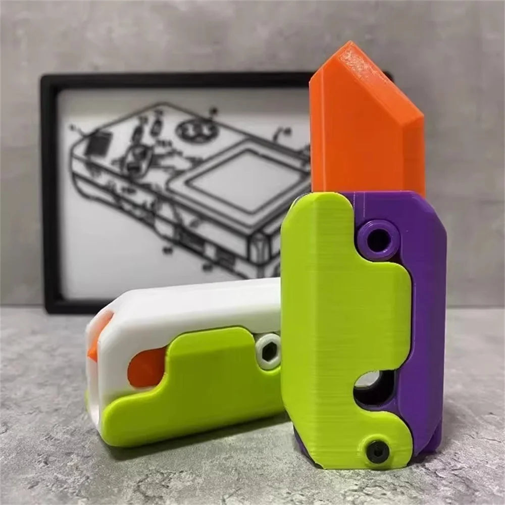 Cuchillo de gravedad con impresión 3D, cuchillo pequeño con forma de rábano que salta, minimodelo colgante, juguete de descompresión con tarjeta de empuje, mini cuchillo mariposa
