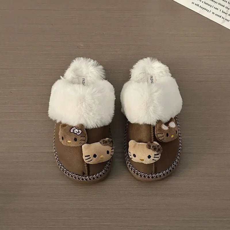 Pantuflas de invierno Sanrio Hello Kitty con bonitos dibujos animados, cálidas y cómodas, estilo Kawaii Y2k, antideslizantes, planas, para exteriores, para mujer