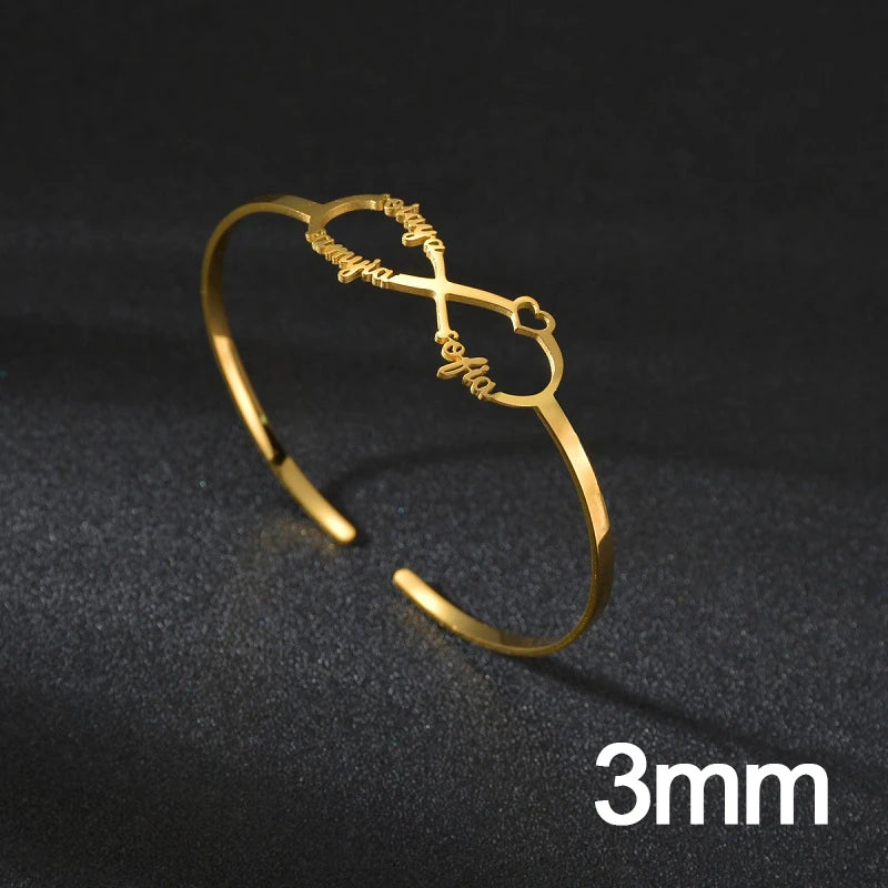 Akizoom Personalized Custom Name Bracelets Heart Crown Stainless Steel Wide Hand Cuff Bangles for Women Men Wedding Jewelry Gift