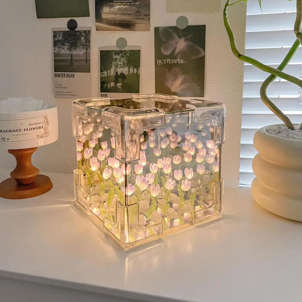 DIY Tulip Night Light Led Decorative Night Lamp Magic Cube Table Lamp and Mirror 2 in 1 for Birthday Gifts and Christmas Present
