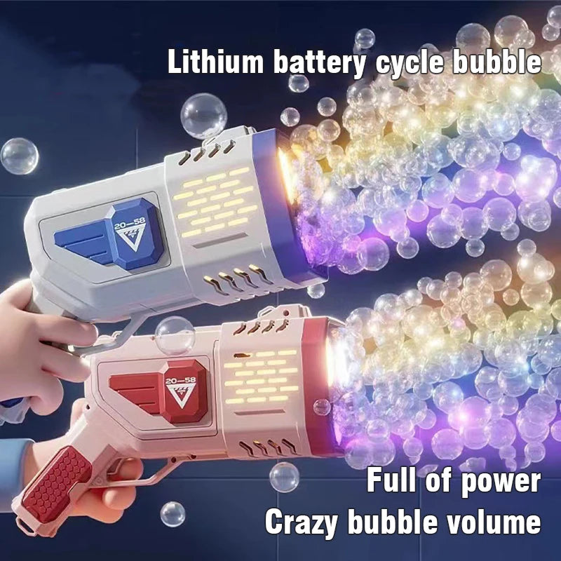 Pistola de burbujas con forma de cohete, 36 agujeros, máquina de burbujas de jabón, soplador automático con luz, juguetes para niños, regalo para el día de los niños