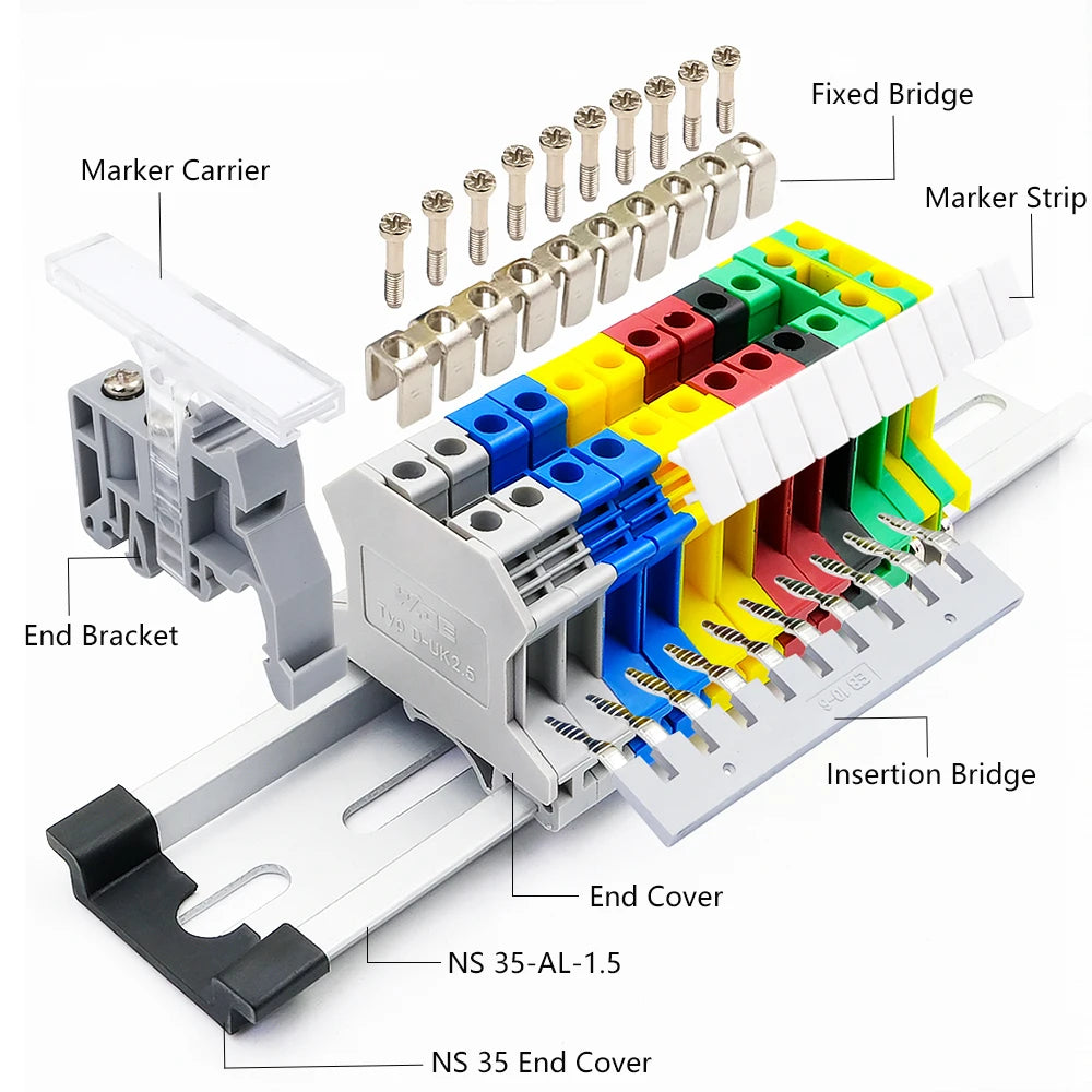 10 piezas Bloque de terminales de riel DIN UK-2.5B Cable Conductor eléctrico Conector universal Bloque de terminales de conexión por tornillo UK2.5B