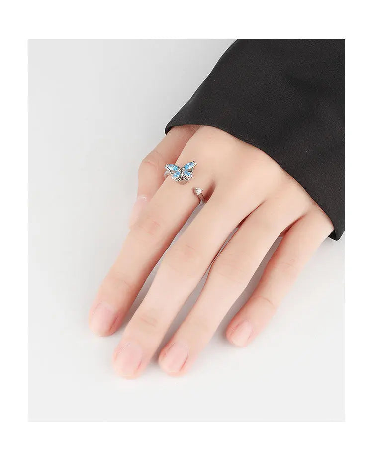 Blue Fidget Spinner Ring Anxiety for Women Multiple Crystal Flower Butterfly Animal Ring Rotate To Anti Stress for Wedding Party