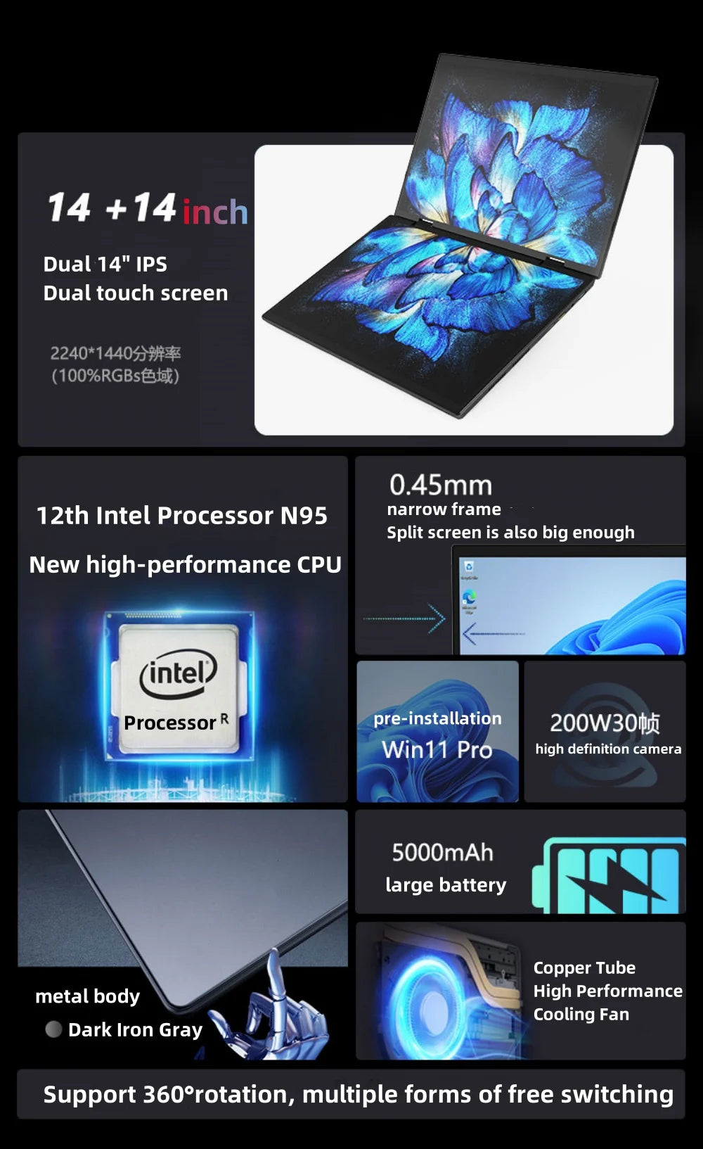 Computadora portátil con pantalla táctil dual de 14 pulgadas y 14 pulgadas, procesador Intel N95, computadora portátil para juegos, DDR4, 16 GB, 1 TB SSD