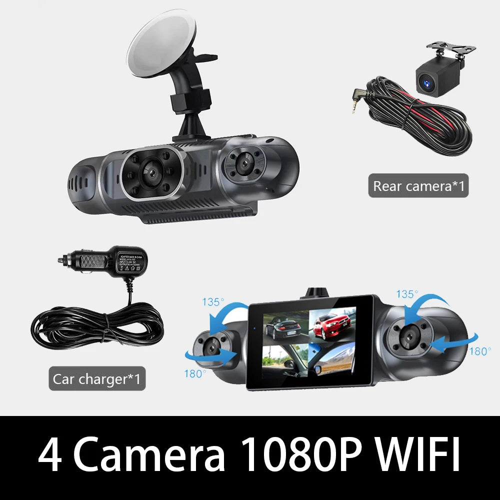 Grabadora de video DVR para automóvil de 4 lentes 1080P con control por aplicación WIFI, cámara de tablero de 360 grados, visión nocturna, cámara de visión trasera delantera izquierda y derecha para automóvil