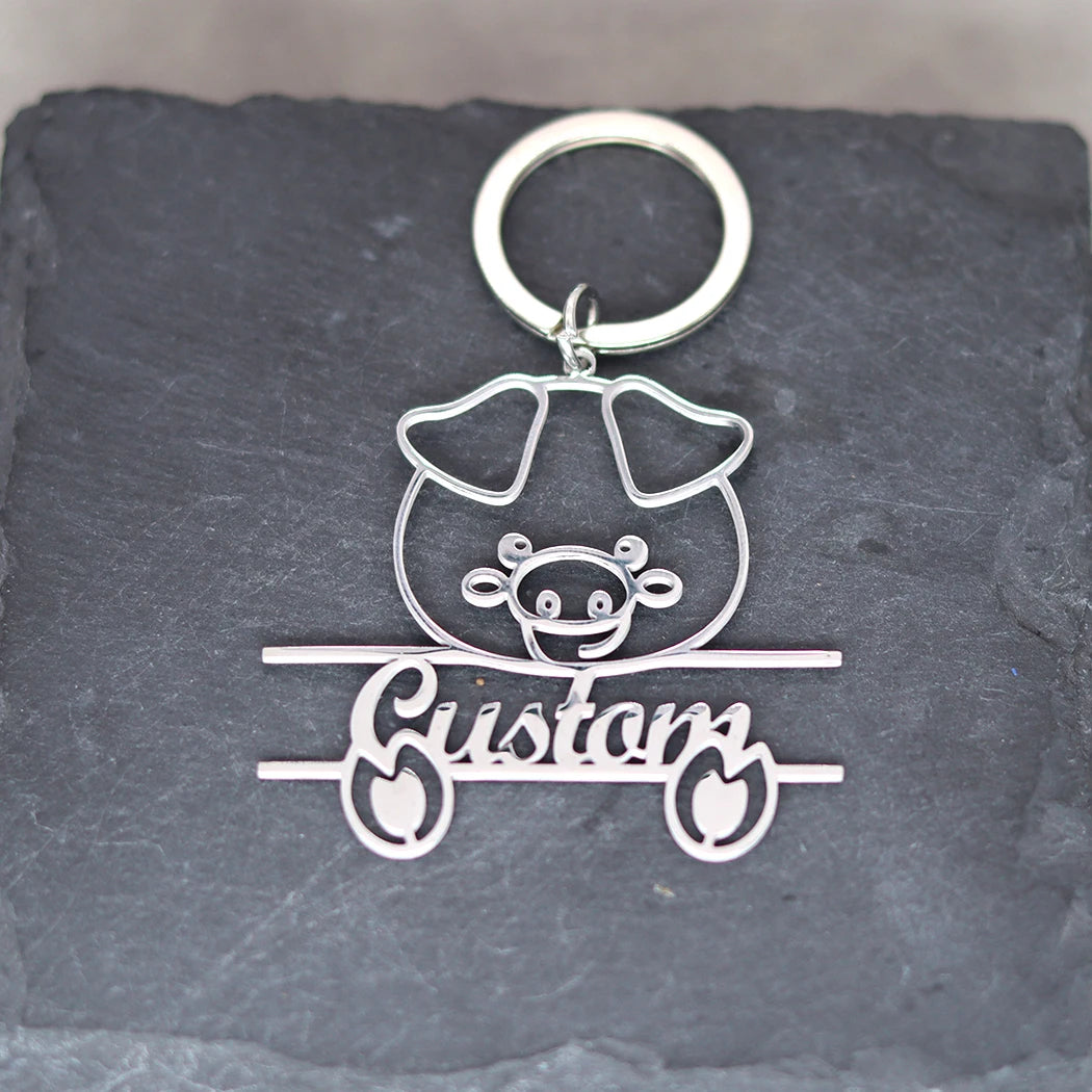 Stainless Steel Cute Pig Engrave Name Customized Keychain Men Keyring Pendant Keyring Cartoon Jewelry Animal Gift For Women
