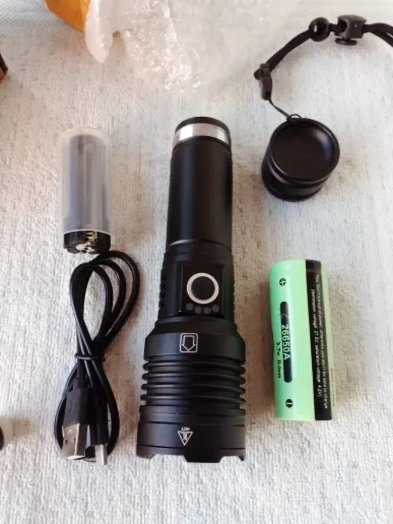 Linterna LED de alta potencia XHP 120, linterna con batería 18650 26650, recargable por USB, con zoom, para emergencias, acampadas al aire libre y pesca