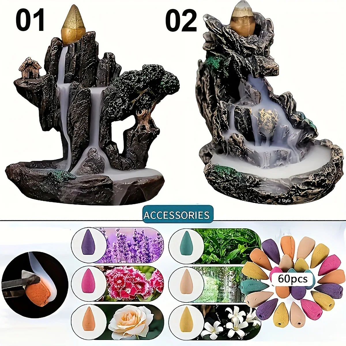 1 quemador de incienso con forma de cascada, río y montaña, con reflujo, soporte para incensario de humo aromático, para manualidades caseras, más de 60 conos de incienso