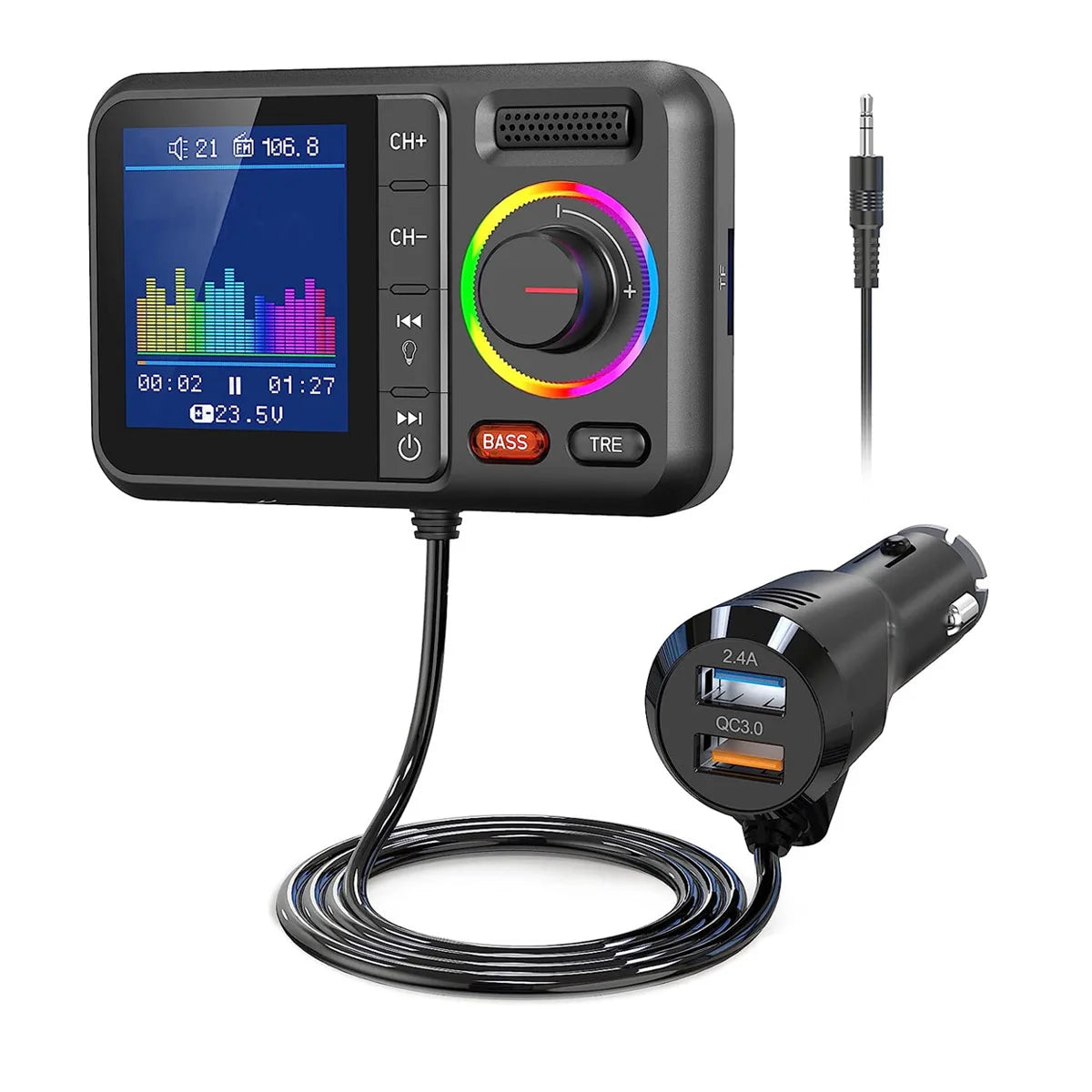 Transmisor FM inalámbrico con pantalla grande a color, 2,4 A, QC3.0, carga rápida USB dual, llamadas manos libres, adaptador auxiliar para automóvil, reproductor de música MP3