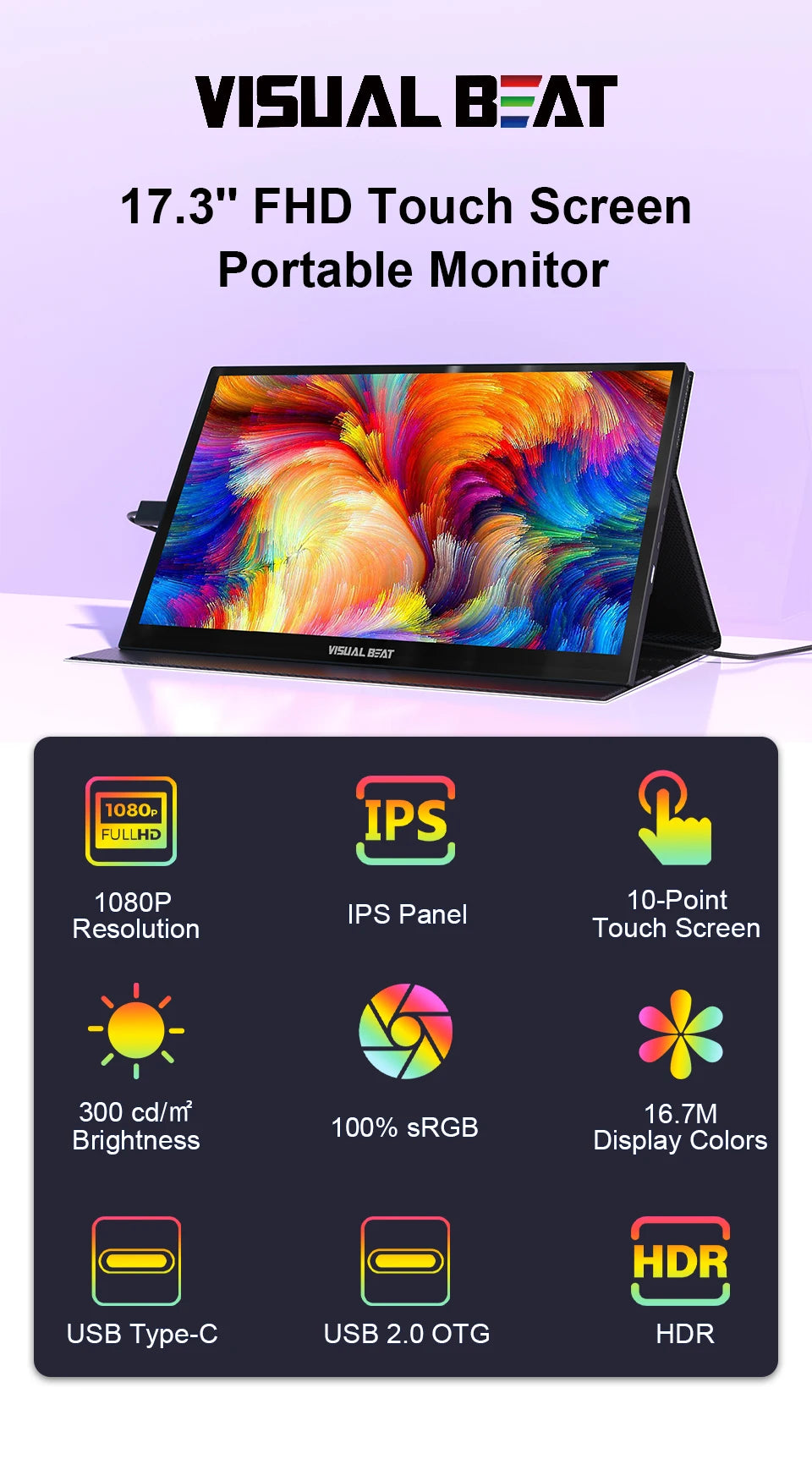 Visual Beat Portable Touch Screen Monitor 17.3'' 1080P FHD IPS USB-C Display with USB 2.0, HDMI, Dual Speakers for Laptop PC