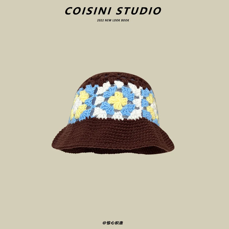 2022 New Korean-Japanese Hand Buckle Crochet Bucket Hat Spring and Autumn Winter Sun Hat Female Cherry Designer Bob Basin Hat