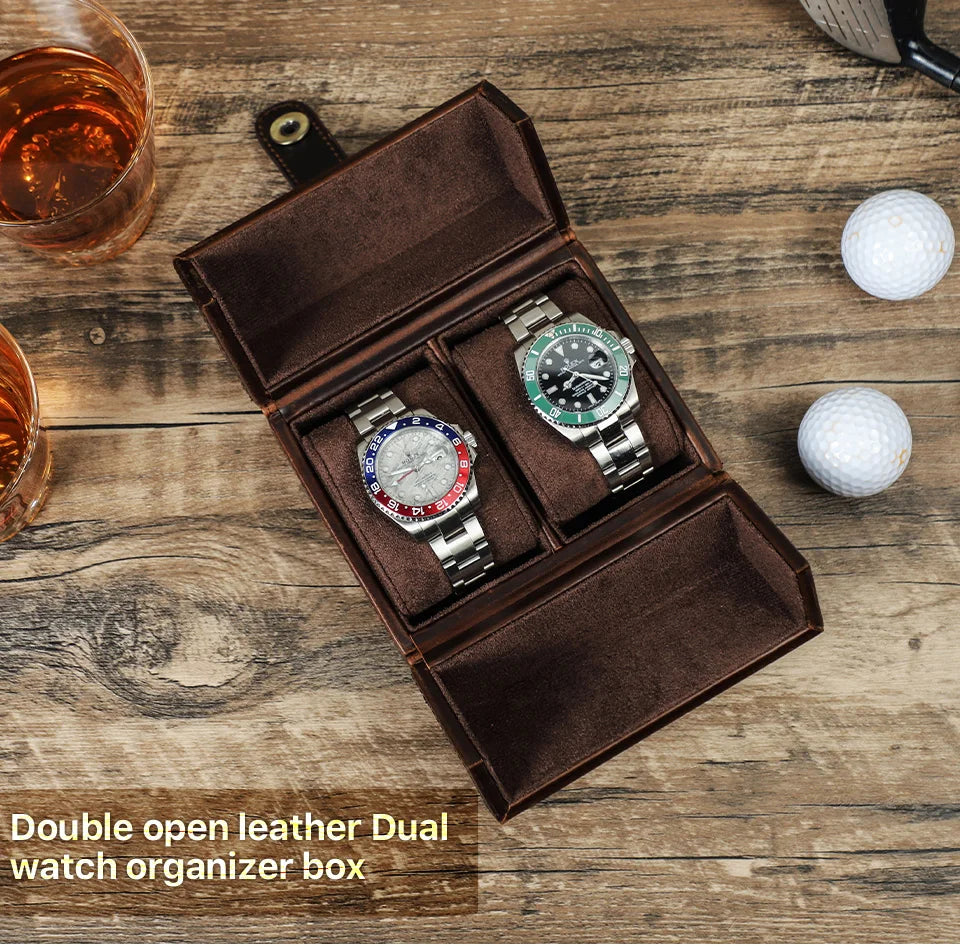Retro Luxury Genuine Leather 2 Slots Watch Roll Case Travel Portable Organizer Display Storage Box with Pillow Handmade Gifts