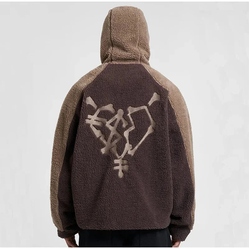 Autumn Winter Lamb Wool Fashion Loose Men's Jacket Contrast Patchwork Hooded Zipper Coat Plush Thicking Warm Couple Clothing