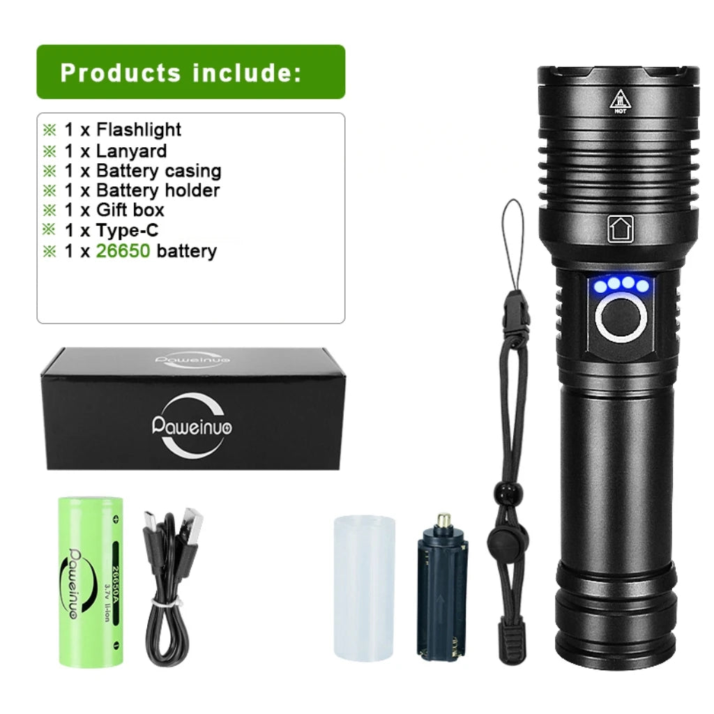 Linterna LED de alta potencia XHP 120, linterna con batería 18650 26650, recargable por USB, con zoom, para emergencias, acampadas al aire libre y pesca