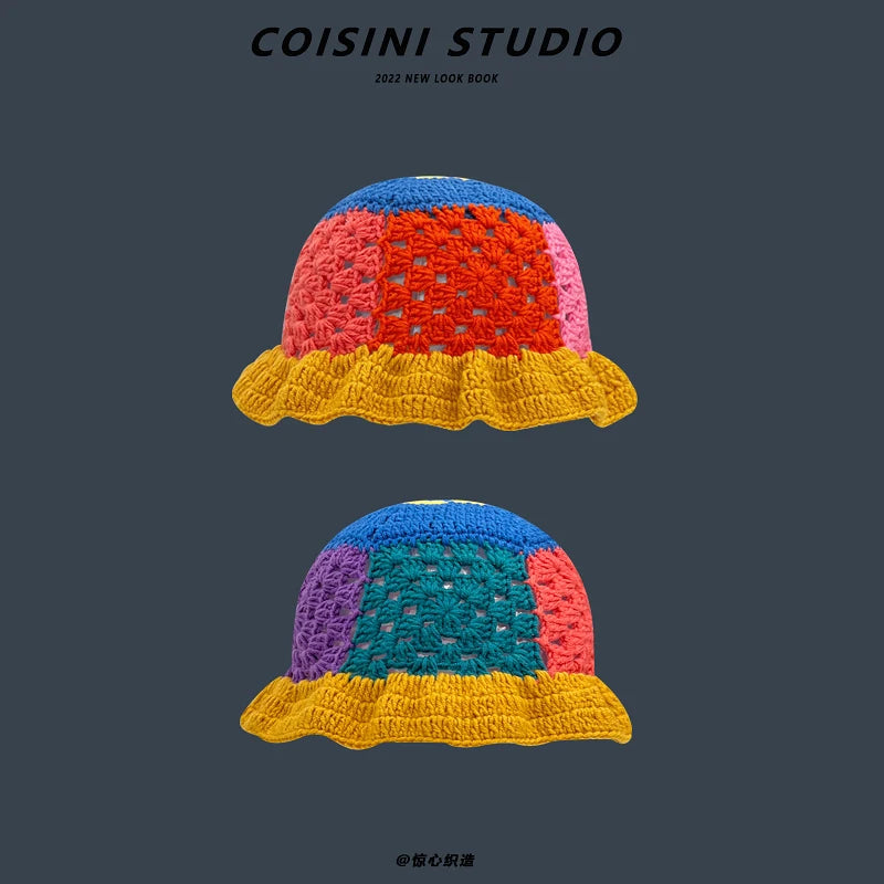 2022 New Korean-Japanese Hand Buckle Crochet Bucket Hat Spring and Autumn Winter Sun Hat Female Cherry Designer Bob Basin Hat