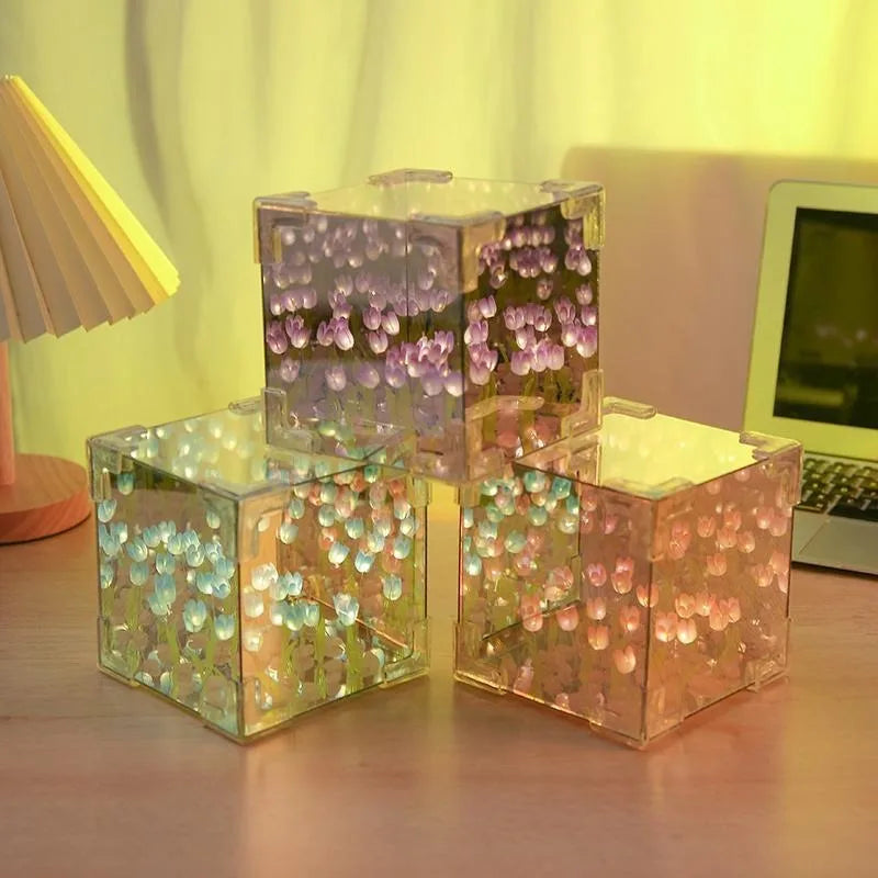 Tulip light lamp Diy Tulip Flower Sea Cube Three-Dimensional Small Night Lamp Material Package for Girlfriend Christmas Gift