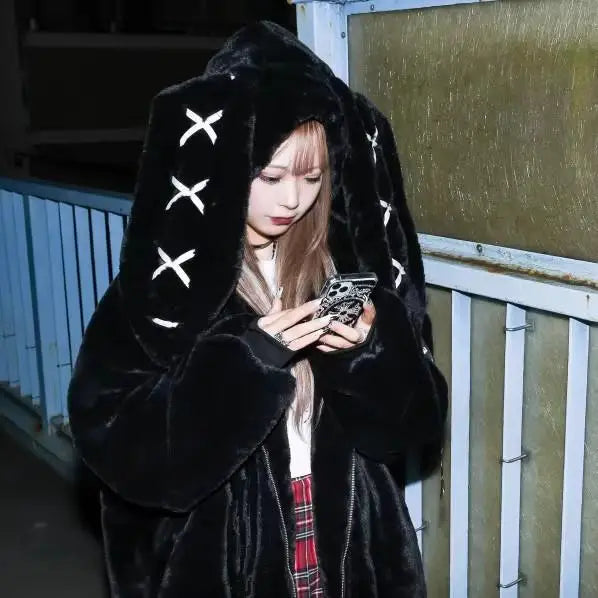 2023 Winter New Harajuku Rabbit Ear Plush Coat Y2k Clothes Soft Zipper Tops Hooded Women Gothic Punk Style Mid Length Jacket