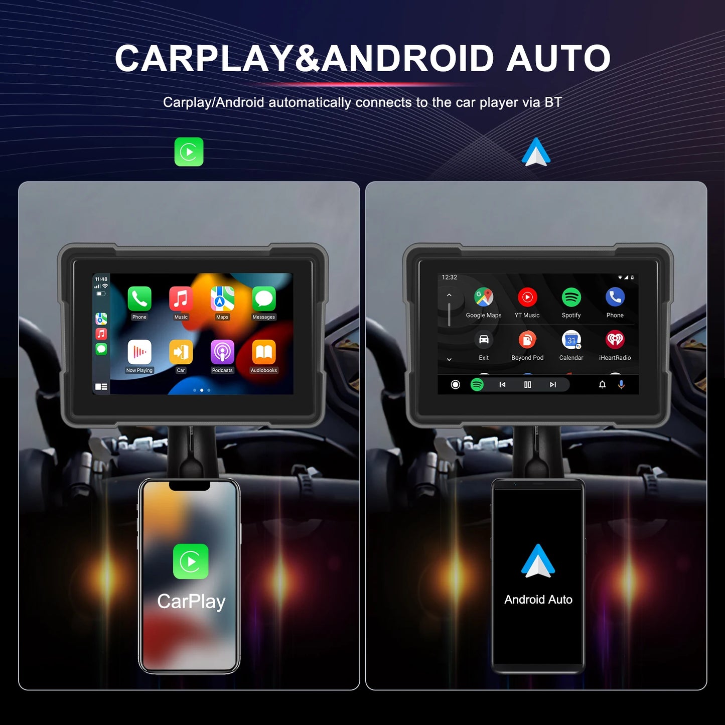 Podofo 5" Moniteur de moto Carplay Écran intelligent de voiture Portable Moto Sans fil Android Auto Navigation GPS IPX7