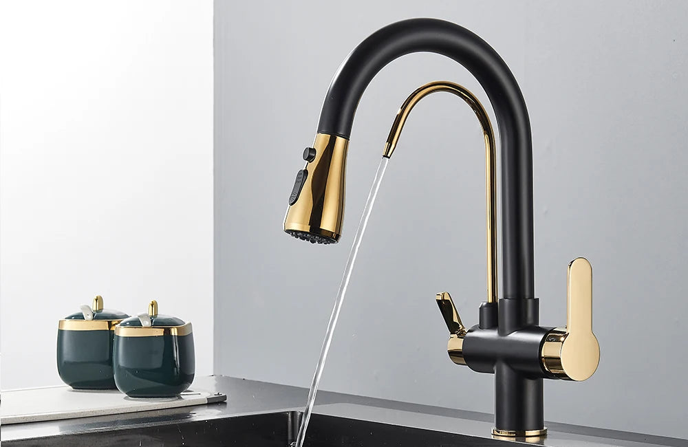 Grifo de cocina con filtro negro extraíble con rotación de 360 grados y grifo mezclador de fregadero de tres vías