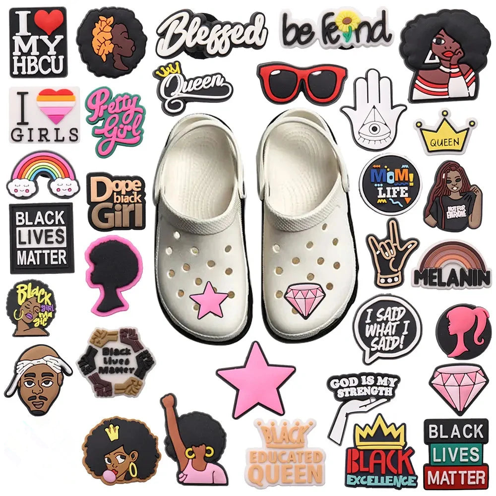1 pieza de PVC negro para niña, sé amiga, mamá, vida, arcoíris, dijes para adultos, hebilla, zuecos, mezcla de decoraciones para zapatos, se adapta a la mochila