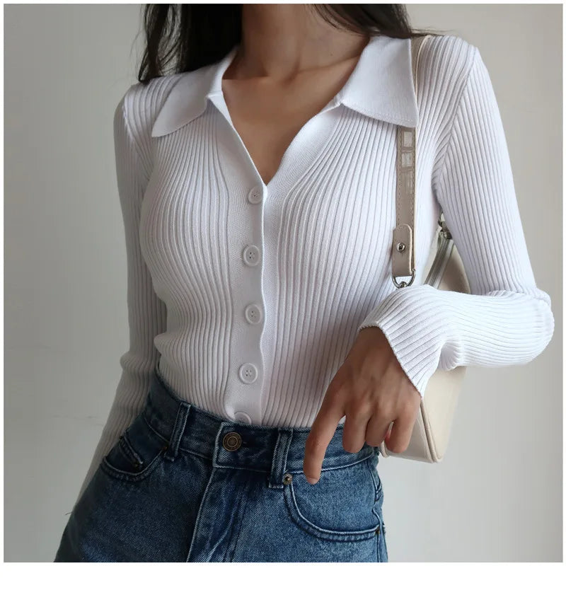 AOSSVIAO 2024 Ladies Buttons Sexy V Neck Long Sleeve POLO Neck Knit Cardigan Sweater Women Lapel Slim Tops