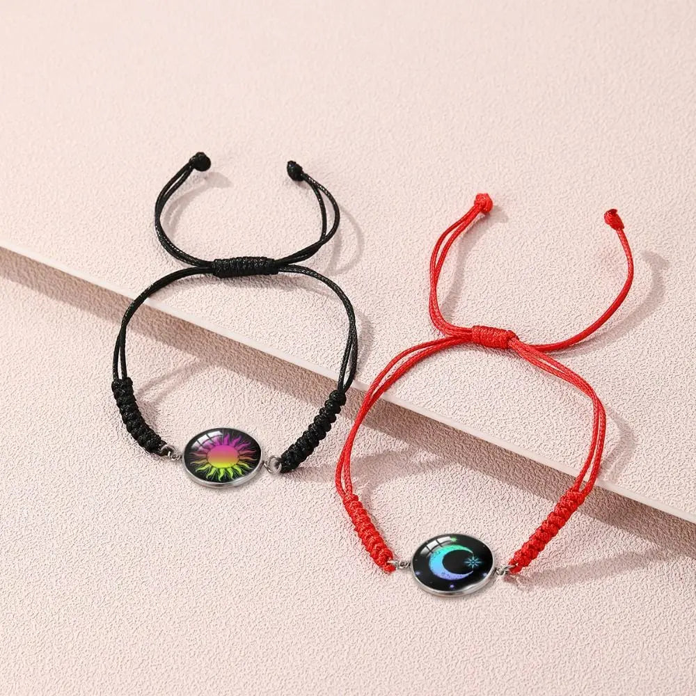2Pcs Romantic Couple Bracelet Stainless Steel New Sun and Moon Lovers Charm Bracelet Glow in The Dark Adjustable Woven Bracelet