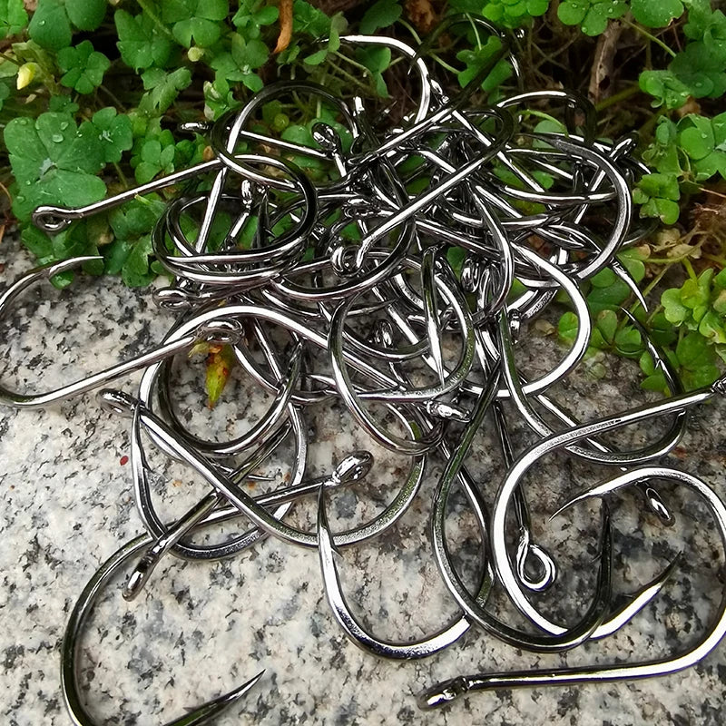 50pcs/Pack Big Eye Fishing Hook Circle Offset Fishhooks Barbed Saltwater High Carbon Steel Fish Hooks For Sea Lake River Fishing