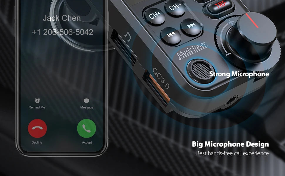 Transmetteur FM Bluetooth sans fil pour voiture de 1,8 pouces, prise en charge auxiliaire, chargement QC3.0, son aigu et grave, lecteur de musique