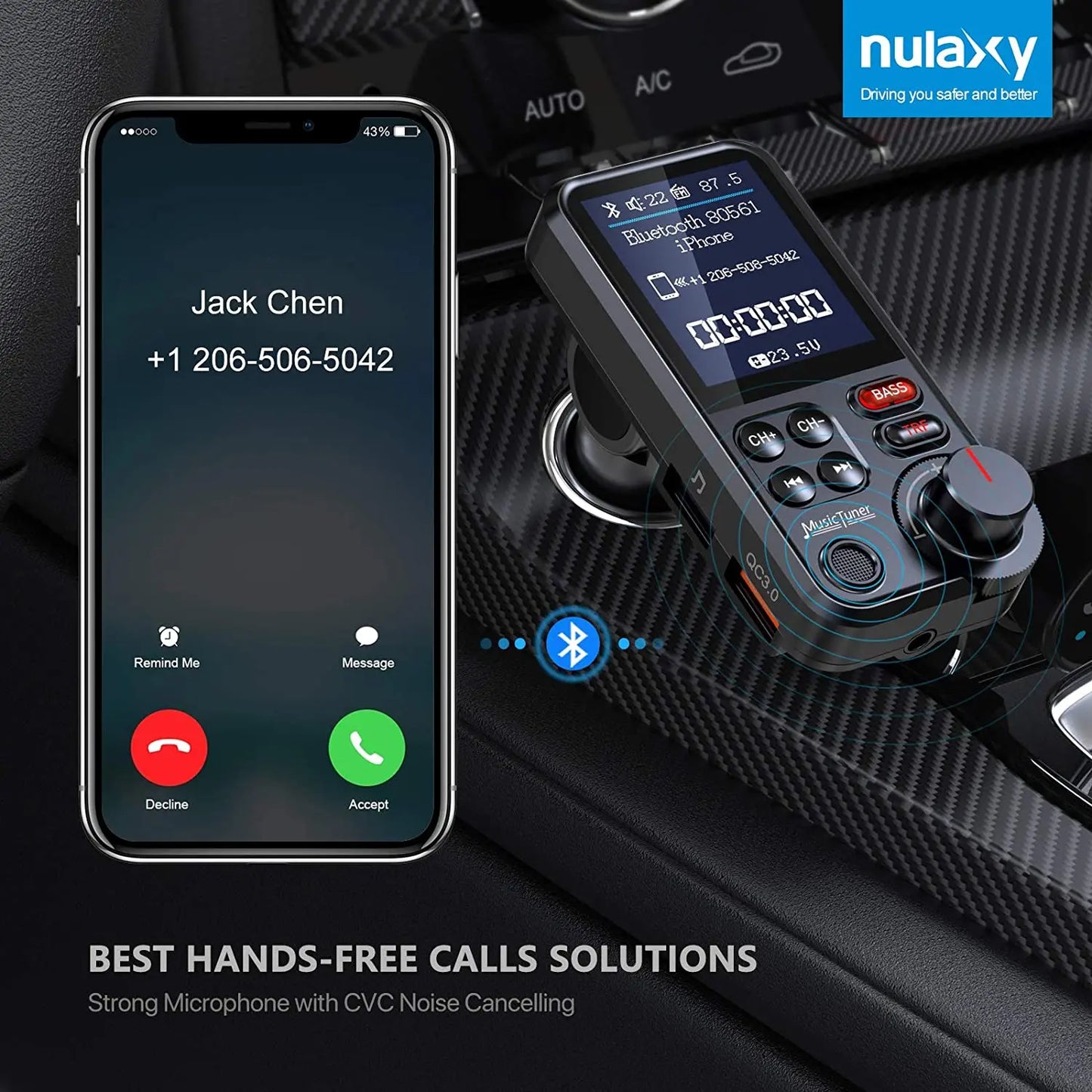 Transmetteur FM Bluetooth sans fil pour voiture de 1,8 pouces, prise en charge auxiliaire, chargement QC3.0, son aigu et grave, lecteur de musique
