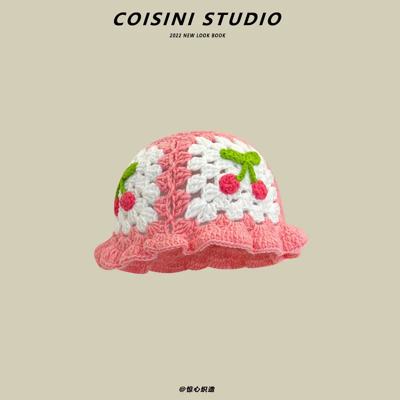 2022 New Korean-Japanese Hand Buckle Crochet Bucket Hat Spring and Autumn Winter Sun Hat Female Cherry Designer Bob Basin Hat