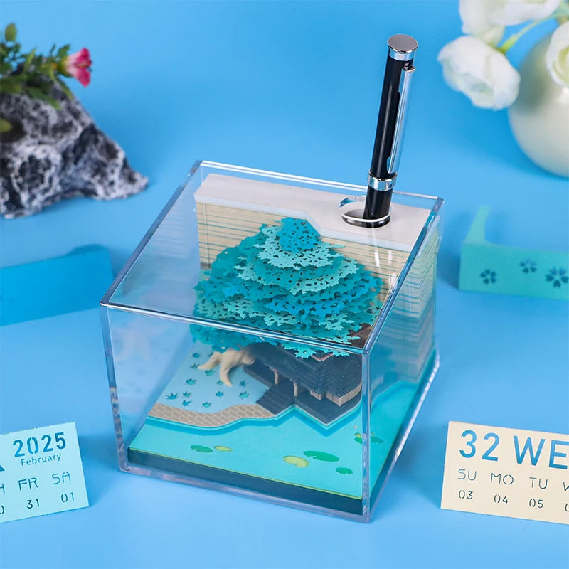 Tree Desk Calendar With LED Lights 2025 Calendar Memo Pad Creative Desk Calendar DIY Notes Notepad 3D Art Calendar Paper Carving