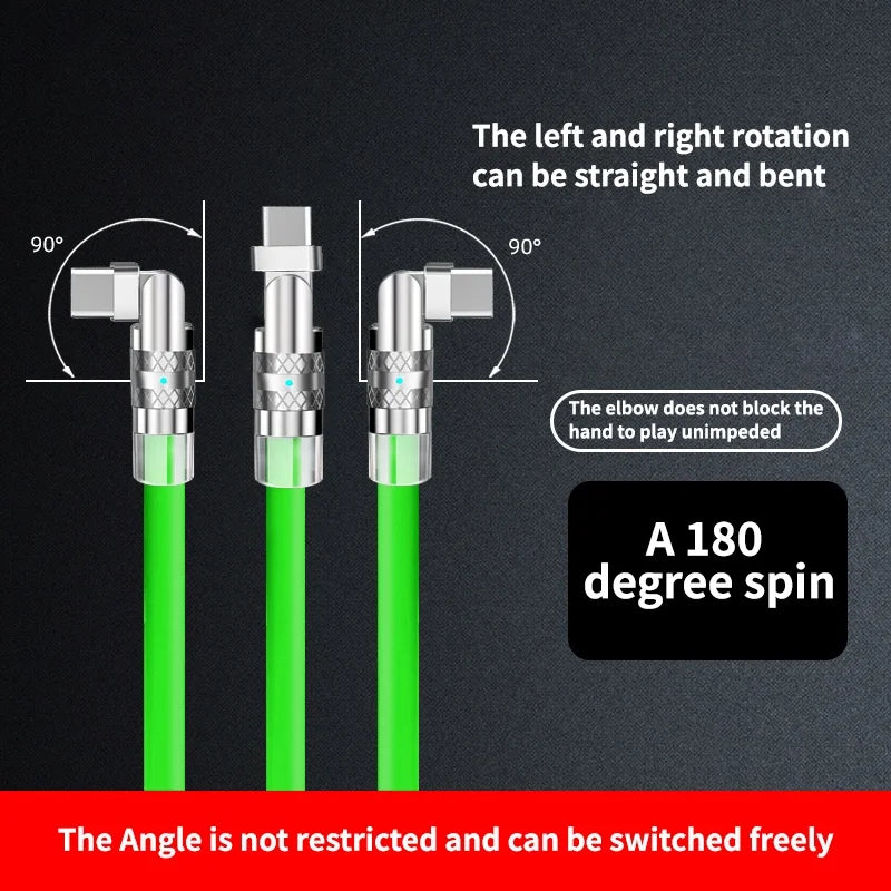 120W Usb Type C Fast Charge Cable 180 Degree Elbow Rotation Type C-Lightning Zinc Alloy Liquid Silicone Data Cable with Light