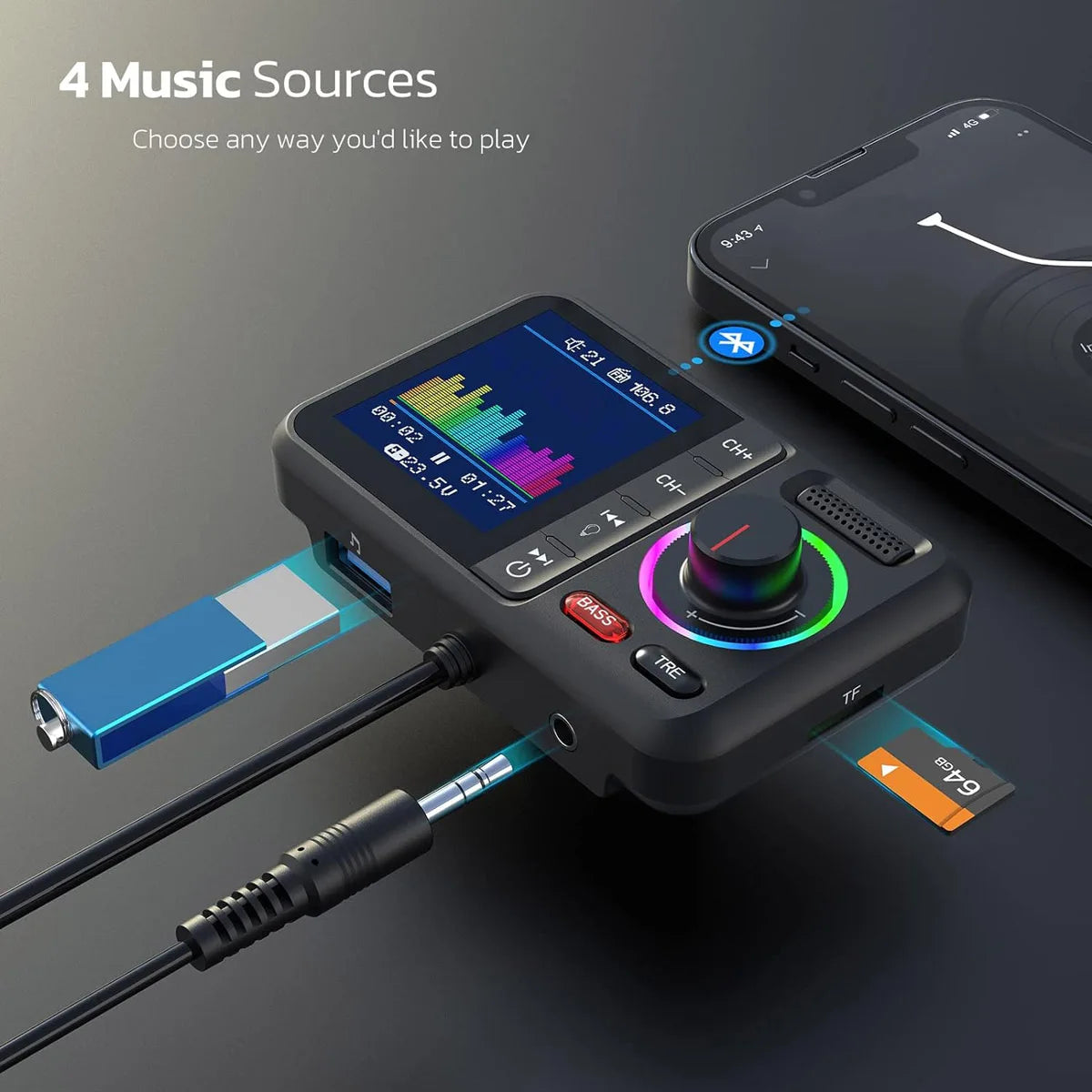 Transmisor FM inalámbrico con pantalla grande a color, 2,4 A, QC3.0, carga rápida USB dual, llamadas manos libres, adaptador auxiliar para automóvil, reproductor de música MP3