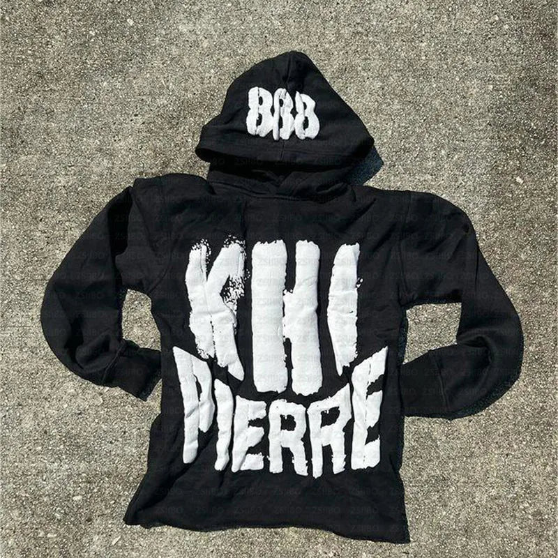 Sudadera con capucha con estampado de letras de espuma retro gótica de moda Y2K para hombre 2024, estilo hip hop callejero, estilo Harajuku, informal, holgada, con cuello redondo, de gran tamaño