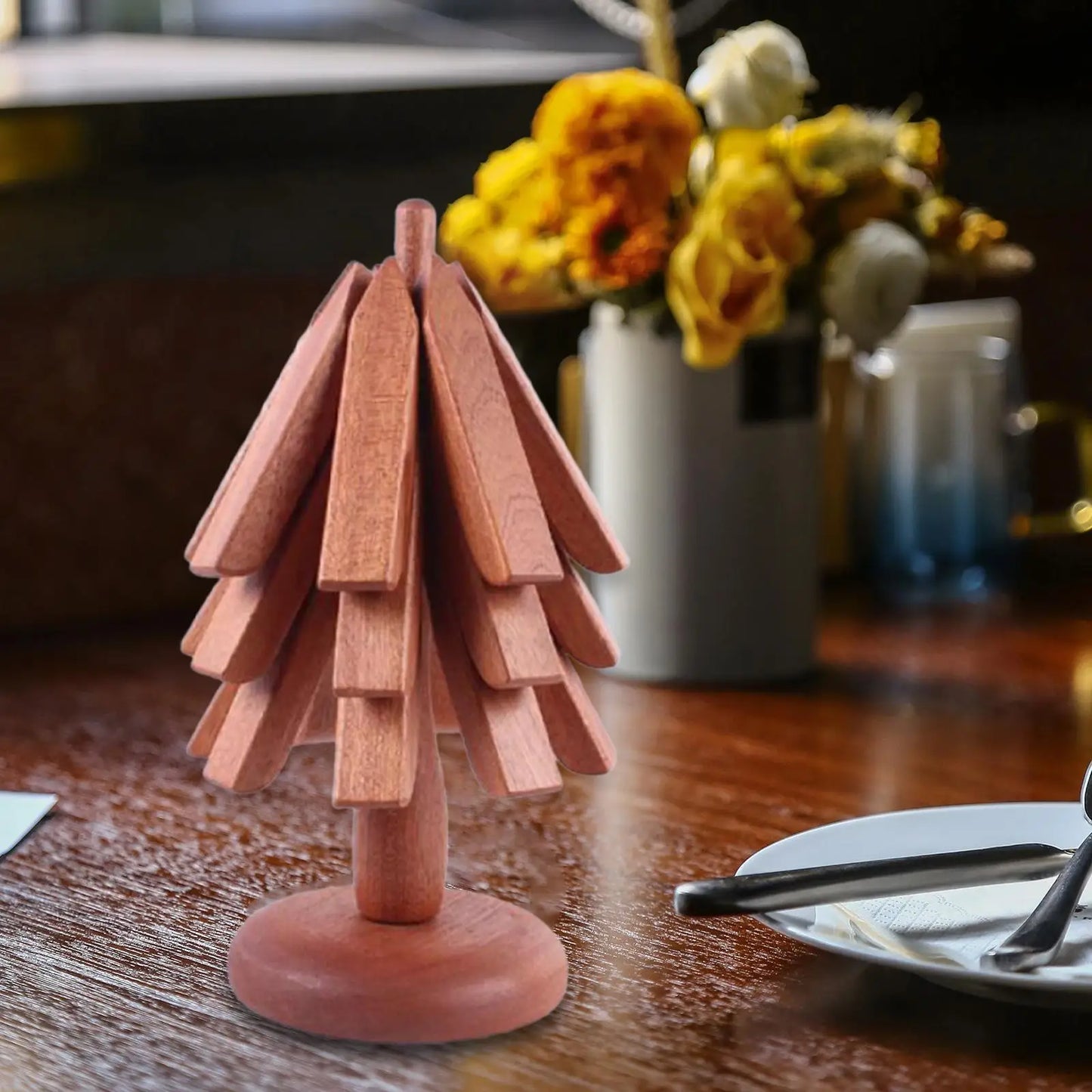 Salvamanteles de madera para platos calientes, juego de manteles individuales con diseño de árbol, posavasos plegables para platos, cuencos, teteras, decoración de mesa de cocina