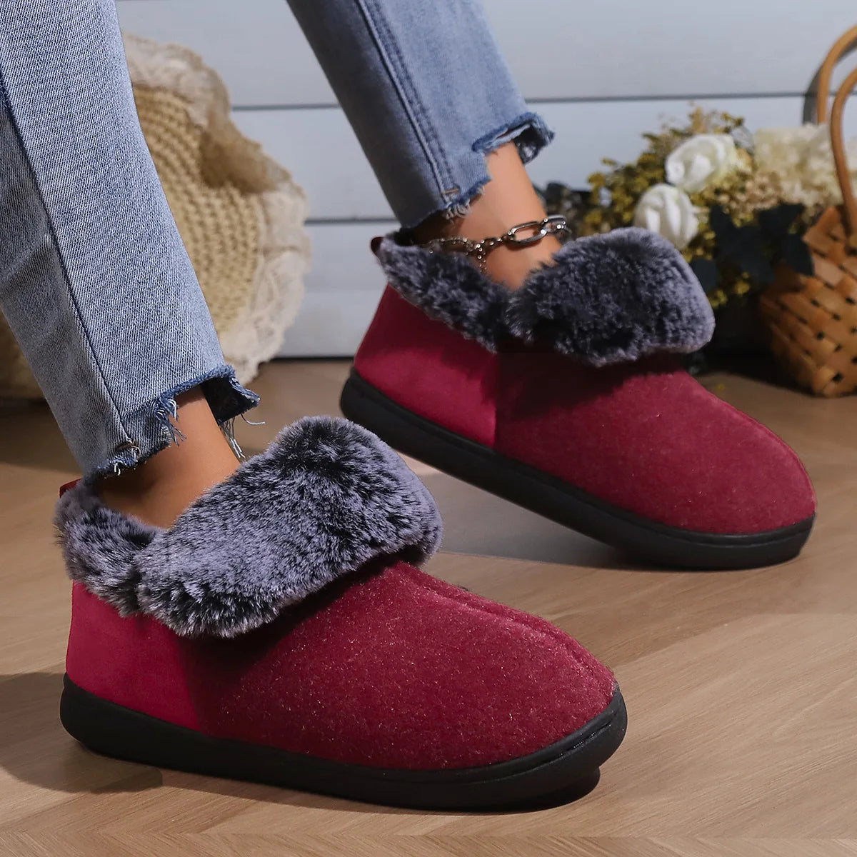 Bebealy Winter Plush Fur Women Slippers Fluffy Home Slippers Female Indoor Warm Closed Soft Non-slip High Ankle Fuzzy Slippers