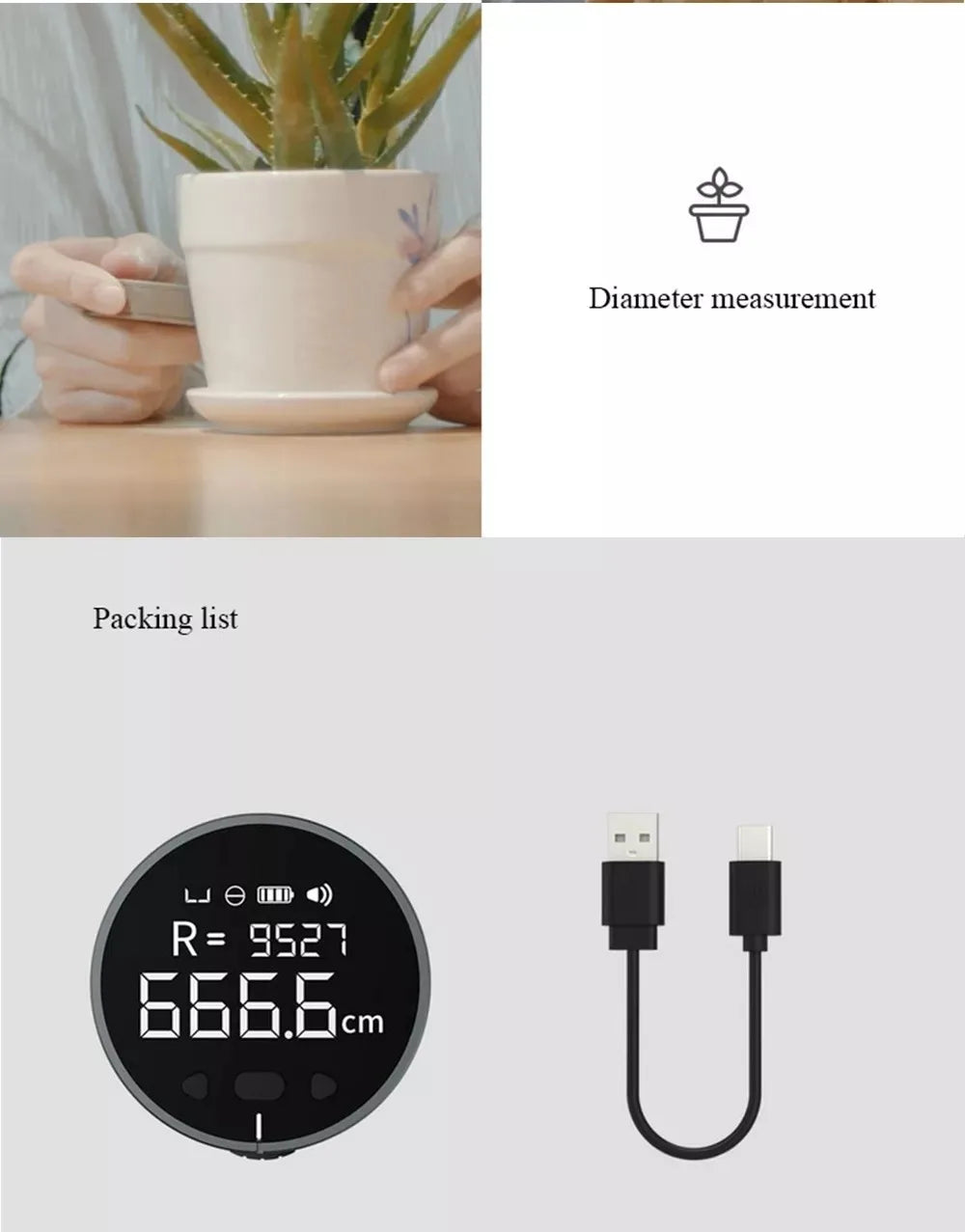 YYHC-Outil de mesure rechargeable Règle électronique Écran LCD HD Ruban à mesurer numérique roulant Règle multifonction portable