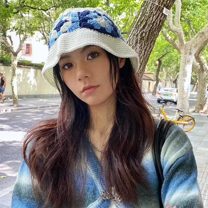 2022 New Korean-Japanese Hand Buckle Crochet Bucket Hat Spring and Autumn Winter Sun Hat Female Cherry Designer Bob Basin Hat