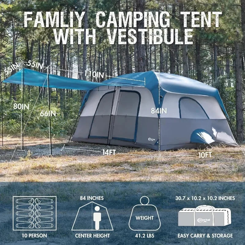 Tienda de campaña para 10 personas con porche, gran tienda de campaña familiar con 2 habitaciones, cortina dividida, para acampar al aire libre, viajar, resistente al agua
