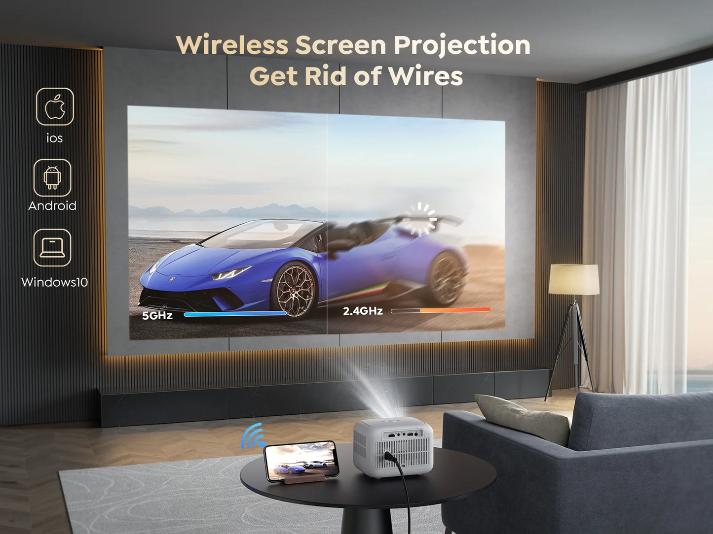 【Enfoque eléctrico】 Miniproyector Android, YABER L1 Proyector de video de 20000 lúmenes 5G WiFi Bluetooth, compatible con proyector portátil P