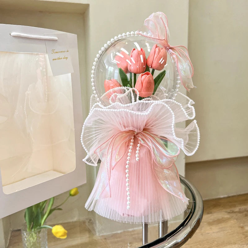 Artificial Flower Tulip Bouquet 5Heads Real Touch Fake Flower Wedding Birthday Party Decoration Mother's Day Pearl Bouquet Gifts