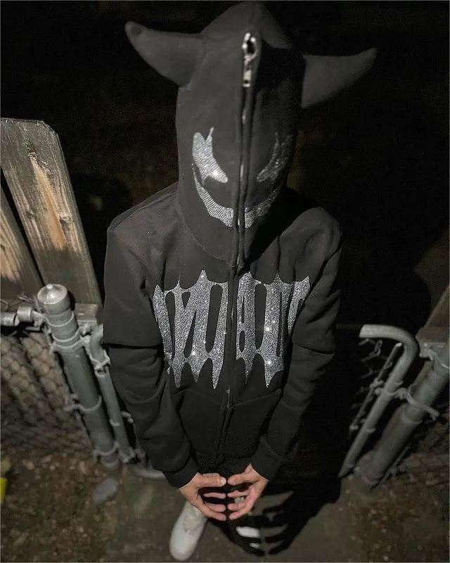Sudadera con capucha y cremallera de cara completa con diamantes de imitación unisex Y2K, holgada, de gran tamaño, con estampado de letras góticas y estrellas, para hombre y mujer
