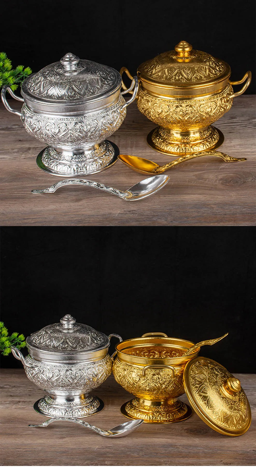 Thai Tom Yum Soup Pot Tall Feet Tin Pan Soup Dessert Container With Spoon Home Decoration Thai Tableware For Kitchen