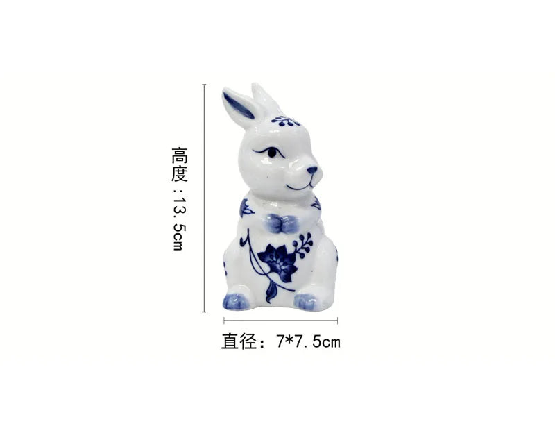 Blue and White Porcelain Rabbit Sculpture Decoration Cute Animal Ceramic Crafts Office Room Ornament